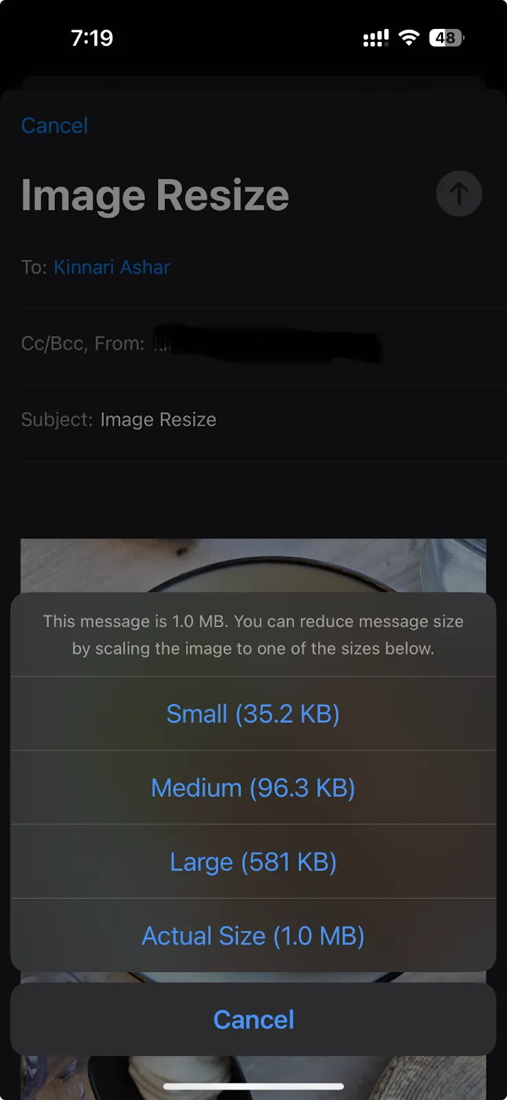 Resize image on iphone using mail app