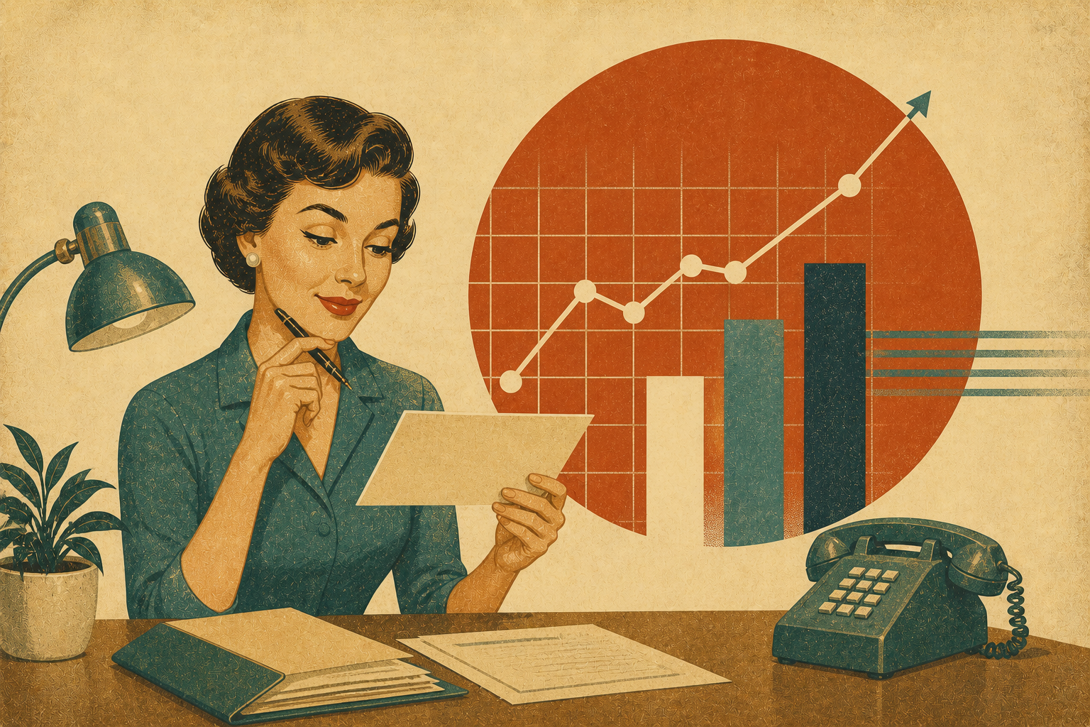 Vintage style illustration of a woman analyzing documents with upward chart and retro phone on desk.