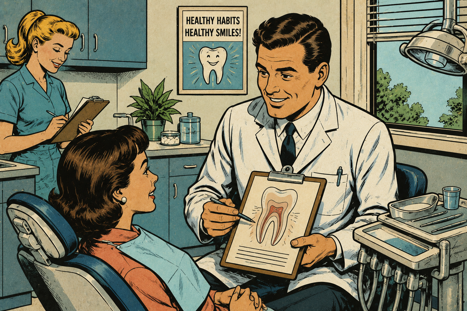 Dentist explaining tooth anatomy to female patient in dental office with assistant taking notes.