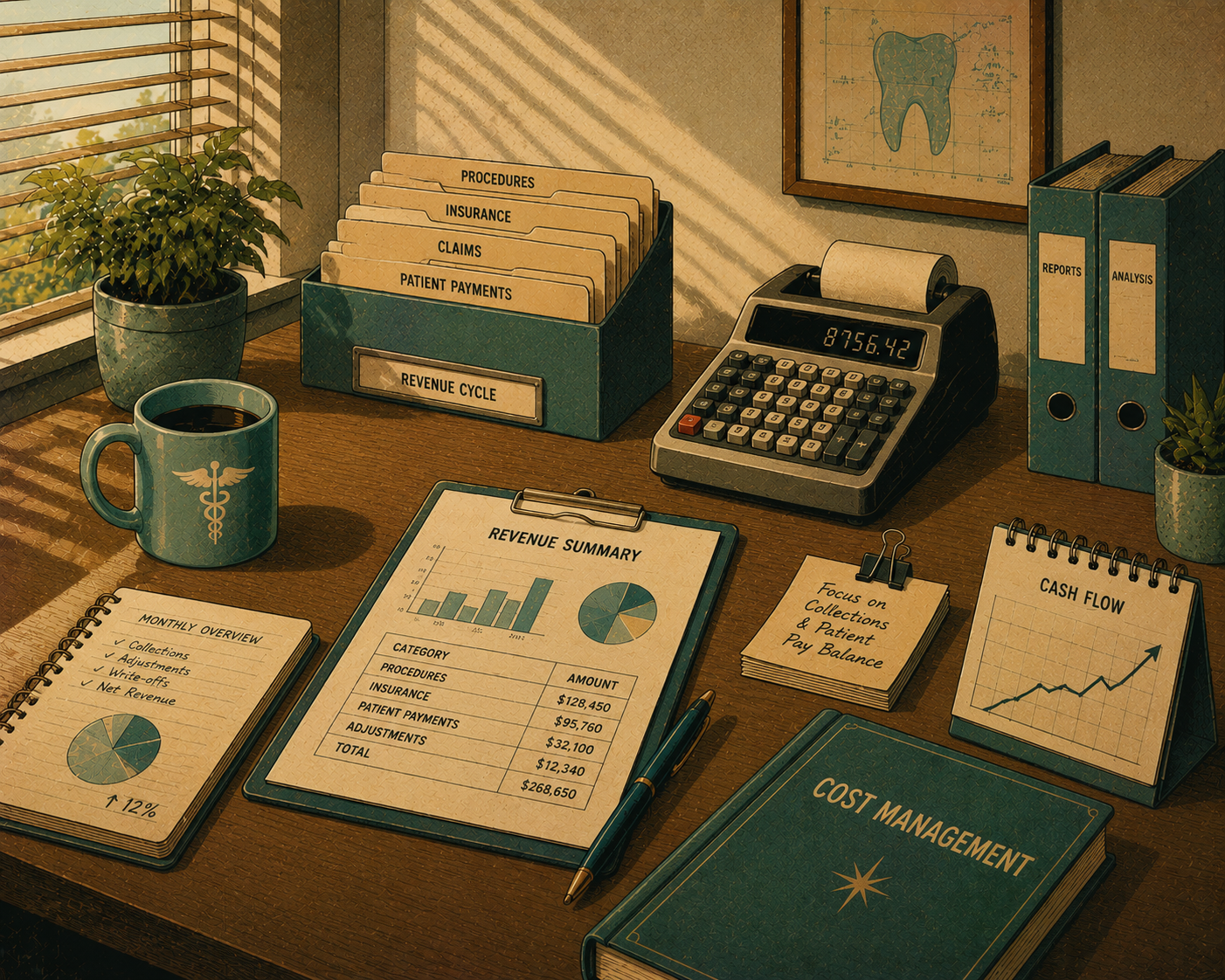 Office desk with medical revenue cycle files, revenue summary, cash flow chart, and cost management book.