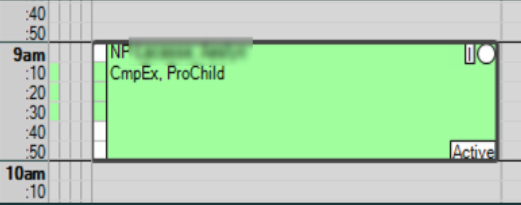 Open Dental schedule after Foji — Active badge confirmed on appointment