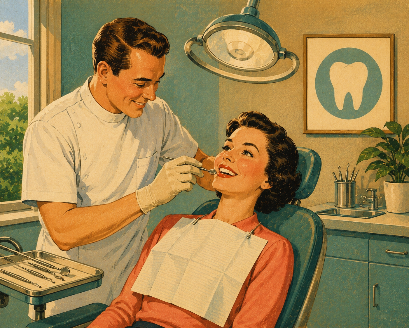 Smiling dentist examines cheerful woman sitting in dental chair in vintage dental office.