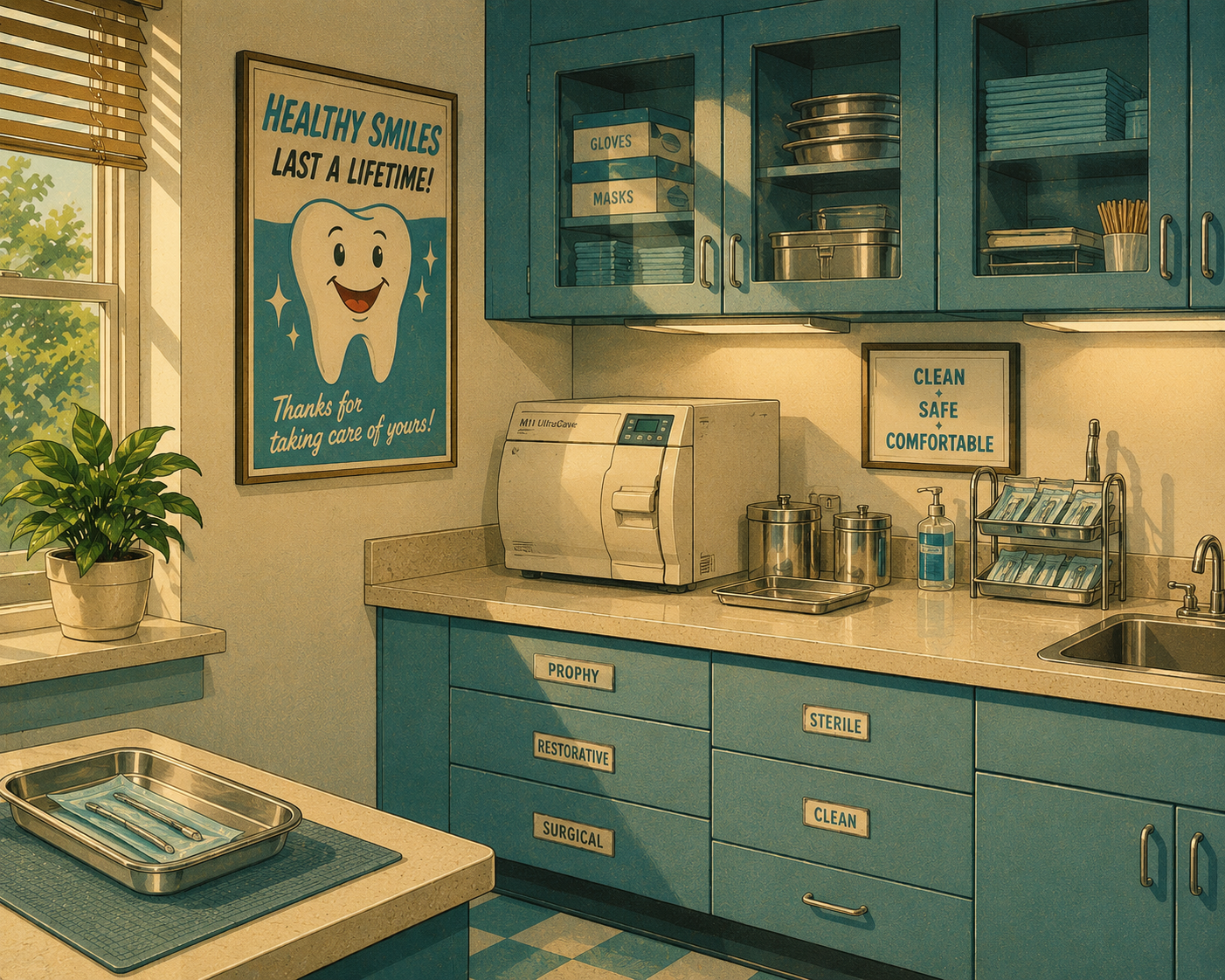 Sterilized dental tools in trays on countertops with blue cabinets and posters promoting dental health.