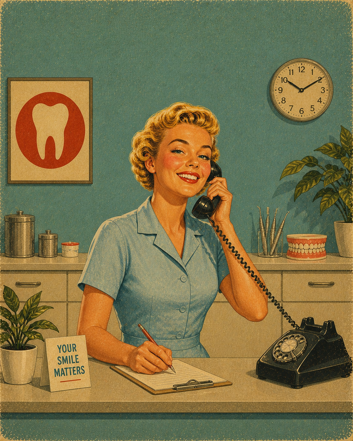 Smiling woman in retro dental office on phone, writing on clipboard with dental tools and tooth chart nearby.