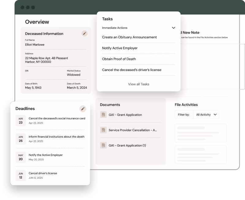 Estate administration dashboard showing deceased information, task list, deadlines, document list, and file activities filter.