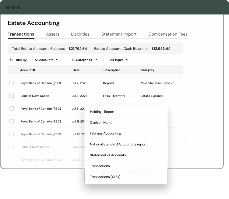 Estate Accounting dashboard showing tabs for Transactions, Assets, Liabilities, Statement Import, and Compensation Fees, with financial balances and transaction details including account names, dates, descriptions, and categories.