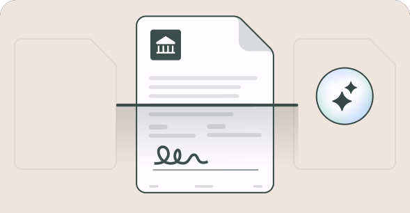 Illustration of a document with a bank icon and a signature, placed above a horizontal line with a sparkle icon to the right.