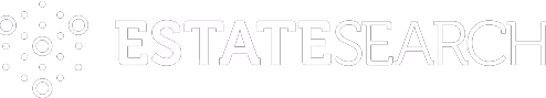 Estate Search logo with stylized pixelated square and bold text.