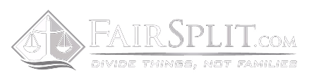 Logo with balanced scales icon to the left and the text 'FairSplit.com' above the tagline 'Divide things, not families'.