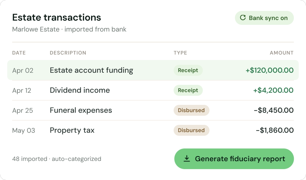 Screenshot of estate transactions list with receipts and disbursements, including funding, dividends, funeral, and property tax.