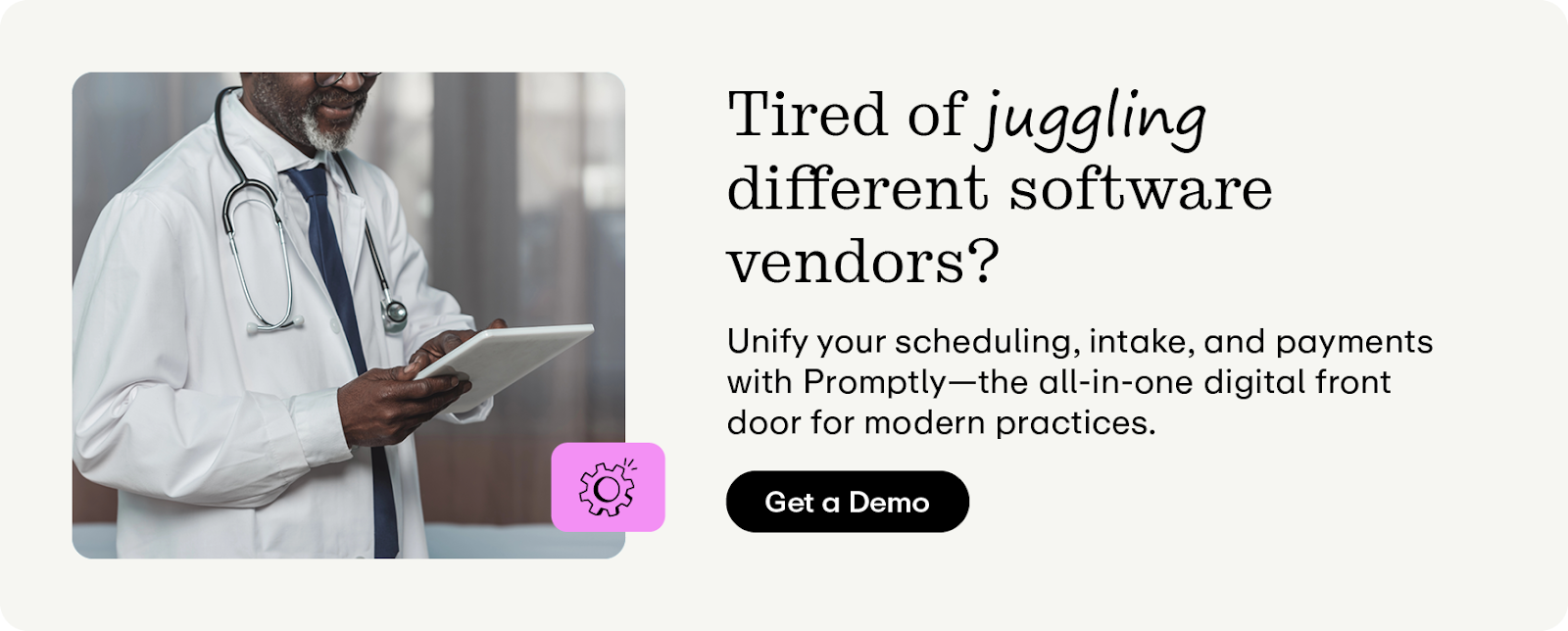 Tired of juggling different software vendors? Unify your scheduling, intake, and payments with Promptly—the all-in-one digital front door for modern practices.