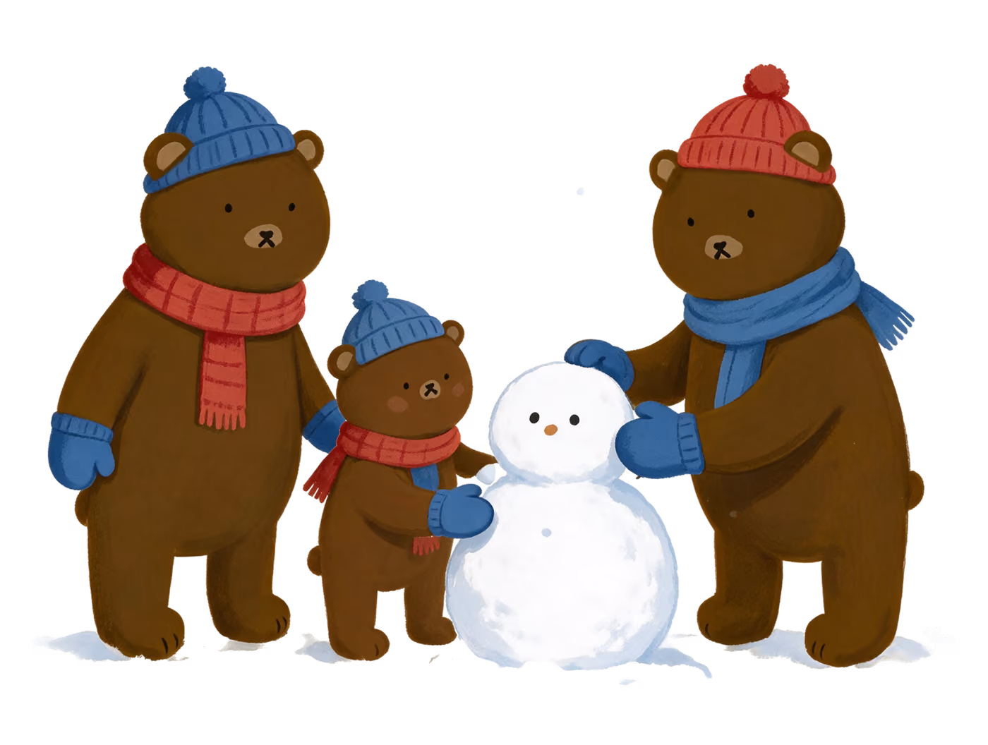 Illustration of three bears in winter hats, scarves and mittens building a snowman together
