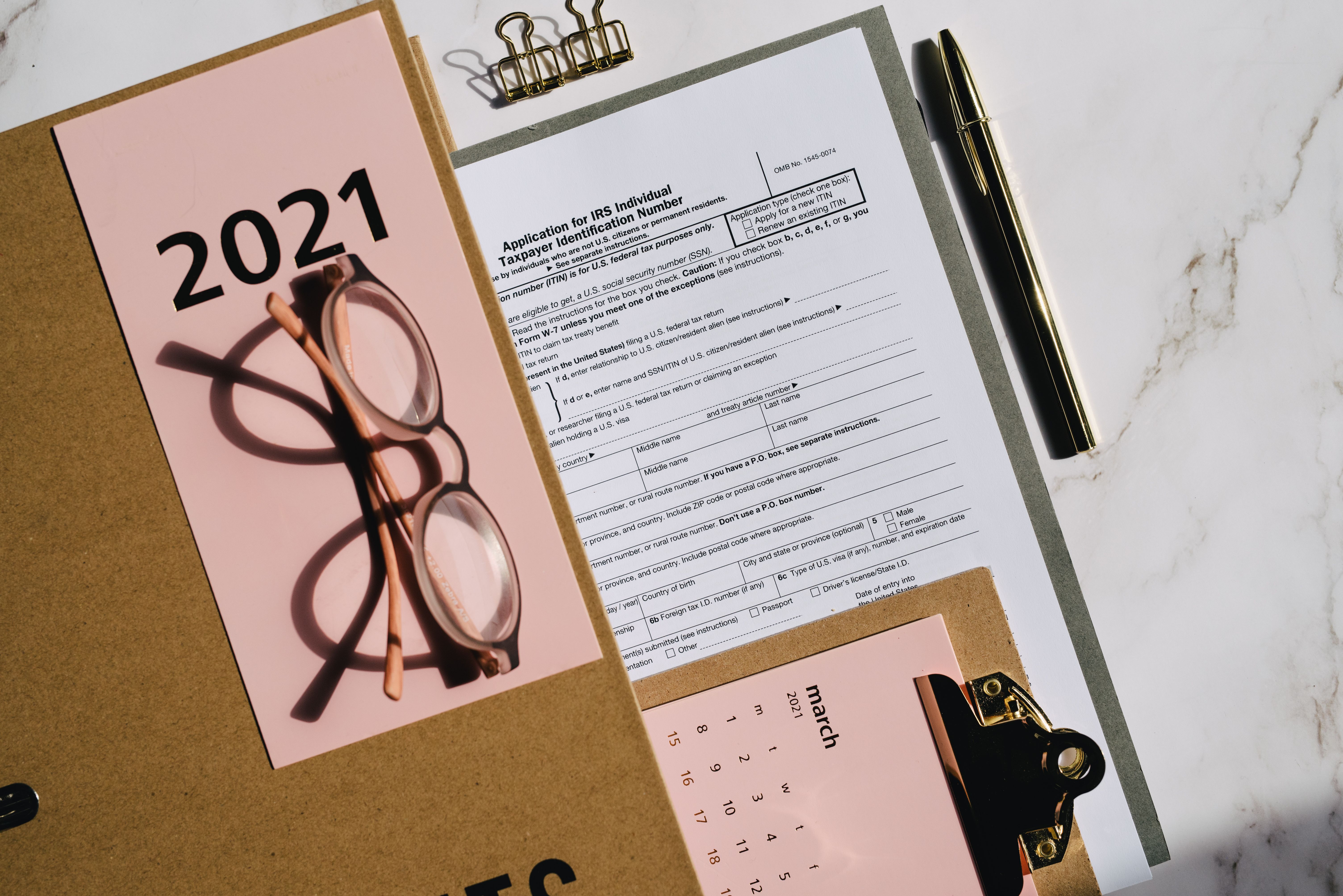 Tax documents and paperwork on a desk