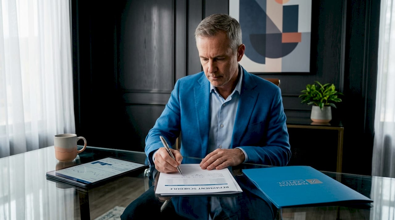 Businessman working on loan repayment schedule