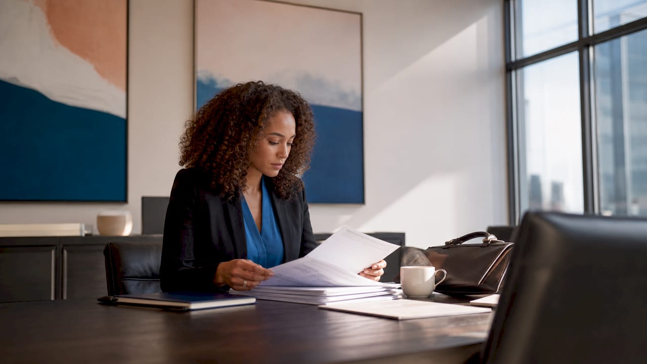 Hands holding bank statements over white table