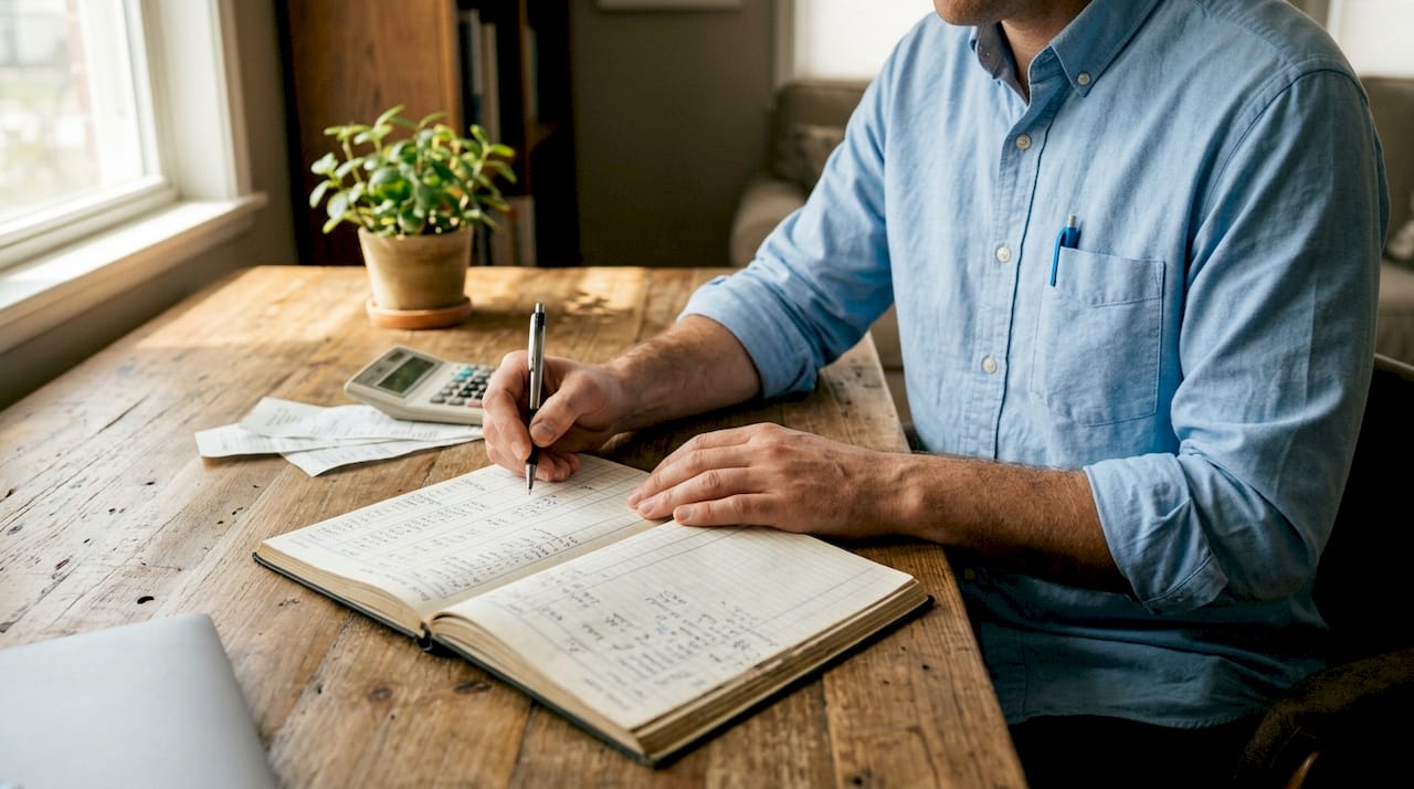 Hands using calculator and ledger for bookkeeping