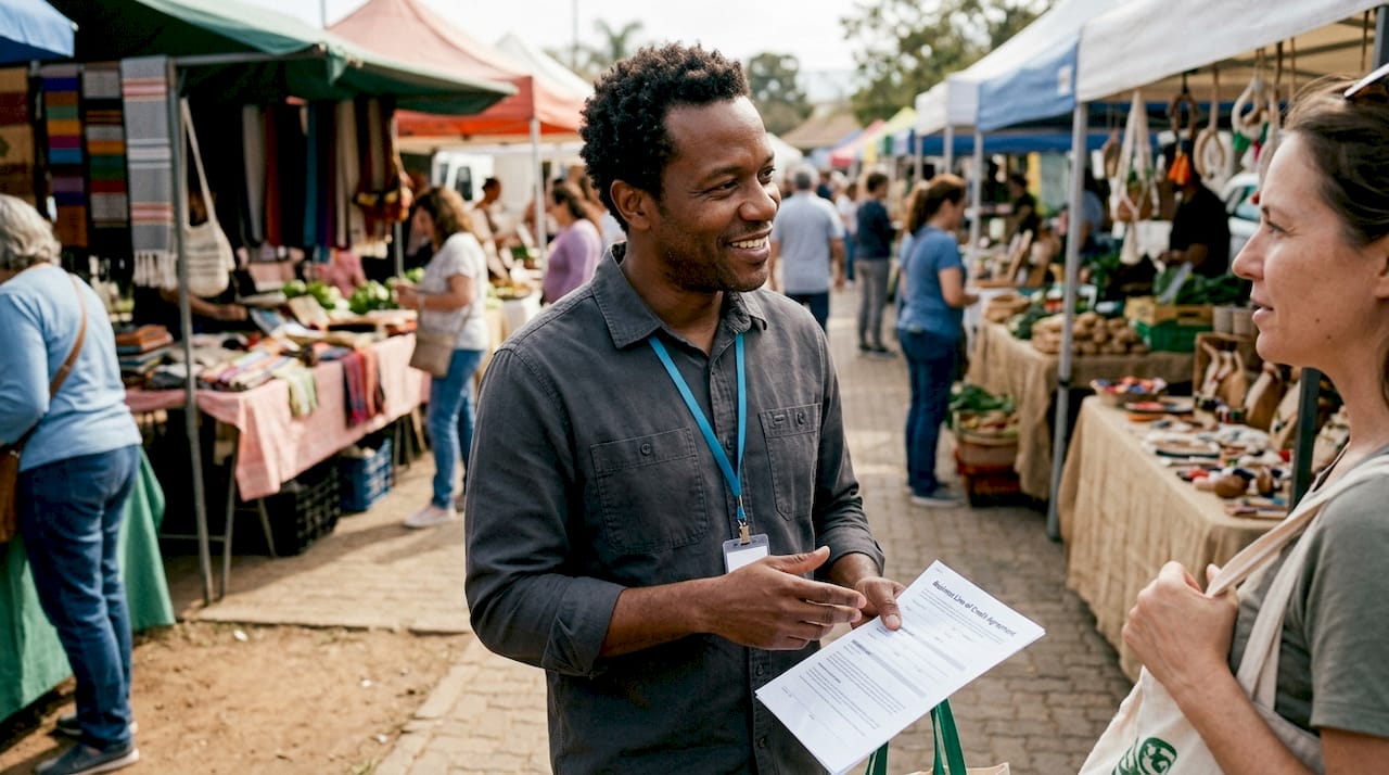 Store manager discussing business credit document