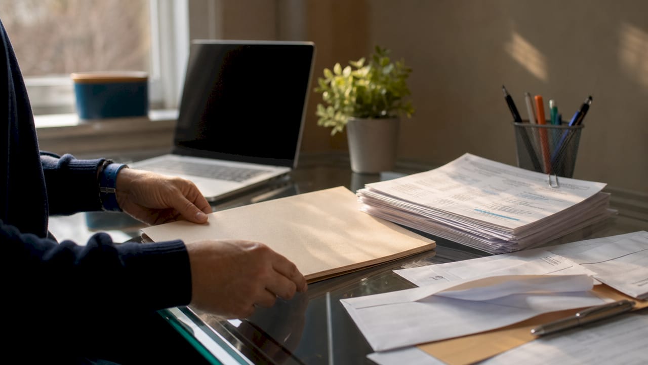 Hands organizing financial documents on desk