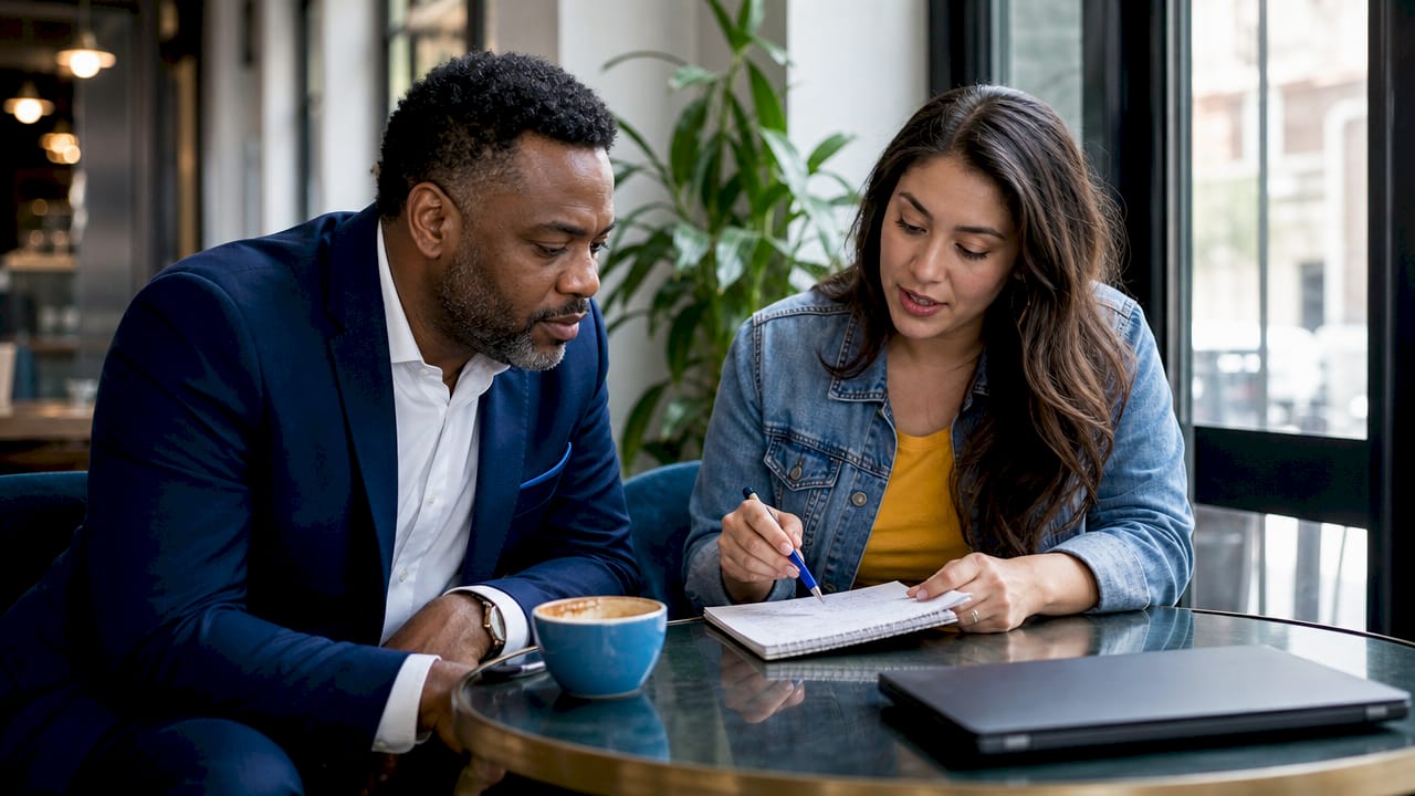 Two people discussing SBA lender referral tool