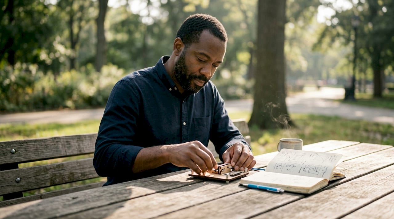 Entrepreneur inspecting prototype at café table