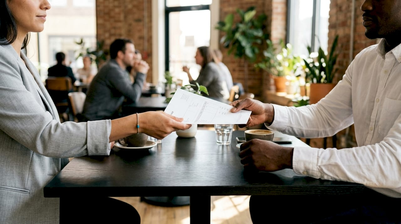 Hands exchanging invoice document in business setting