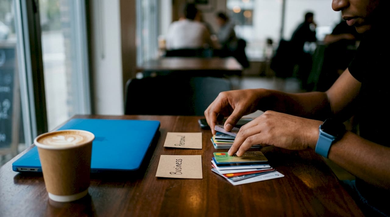 Hands separating personal and business credit cards
