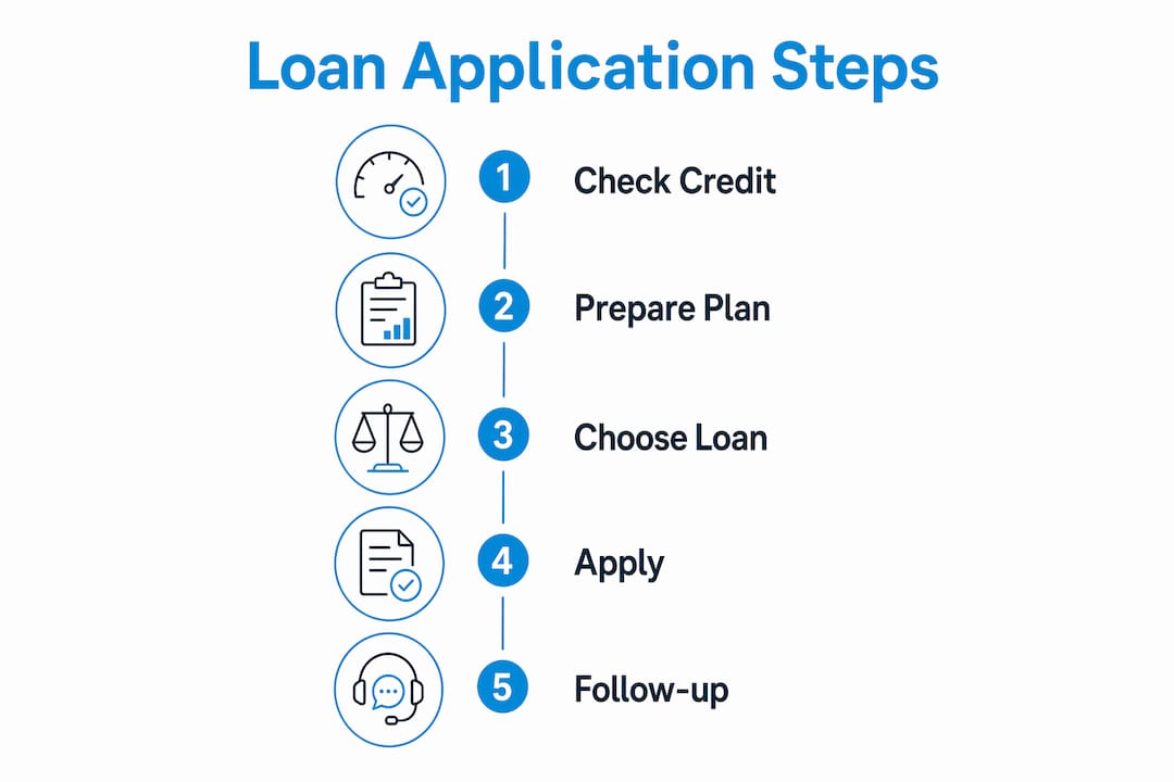 Infographic illustrating steps to apply for startup loan
