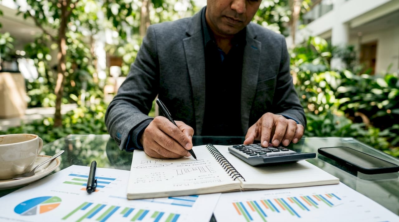 Hands calculating business plan projections