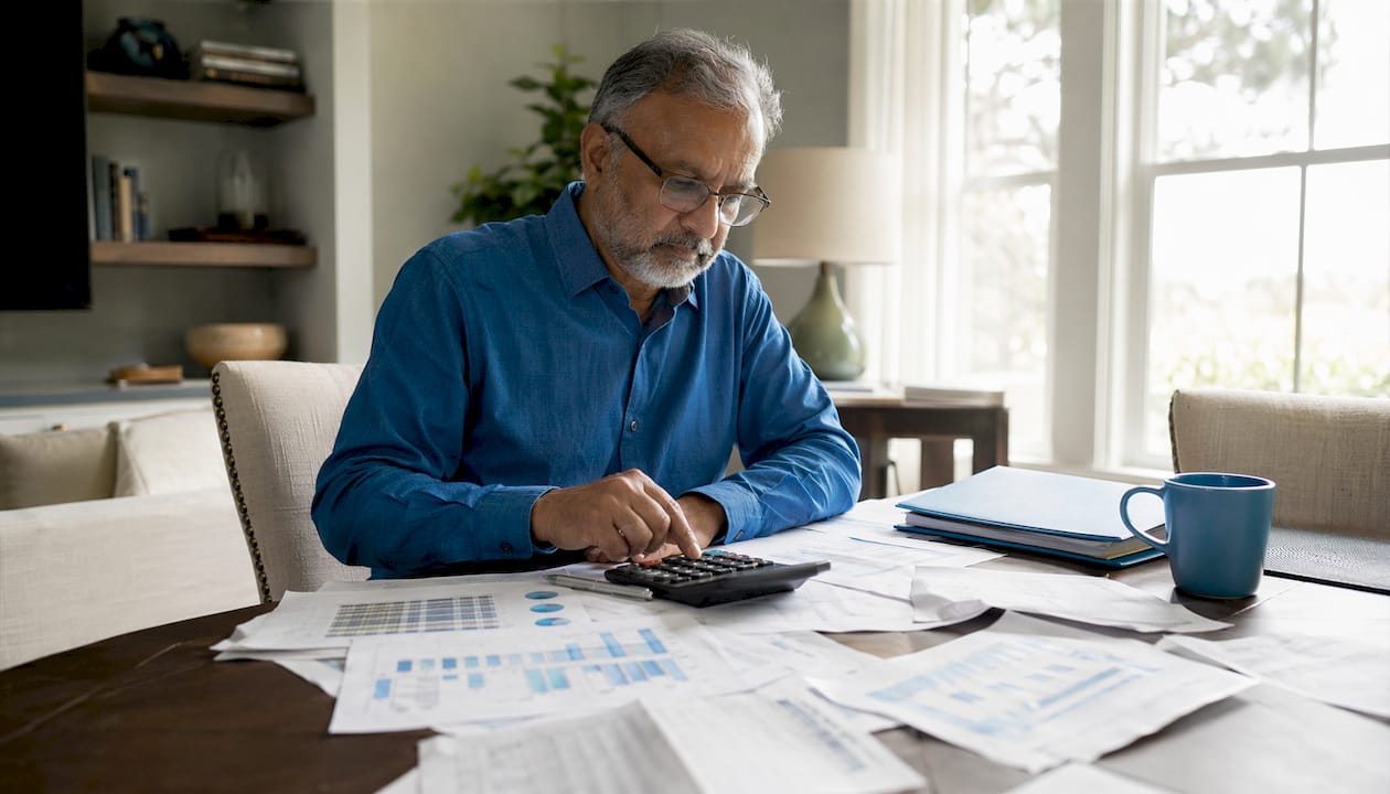 Hands calculating financial ratios with spreadsheets