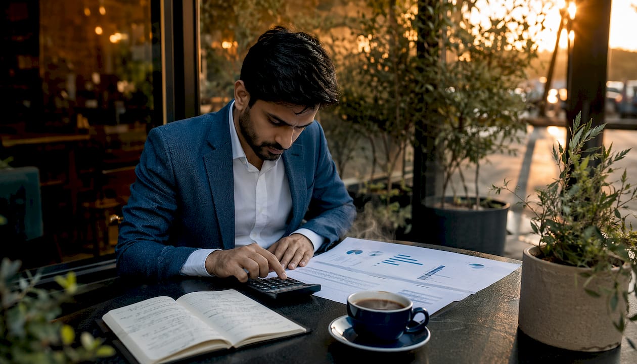 Hands calculating business cash flow with calculator and documents