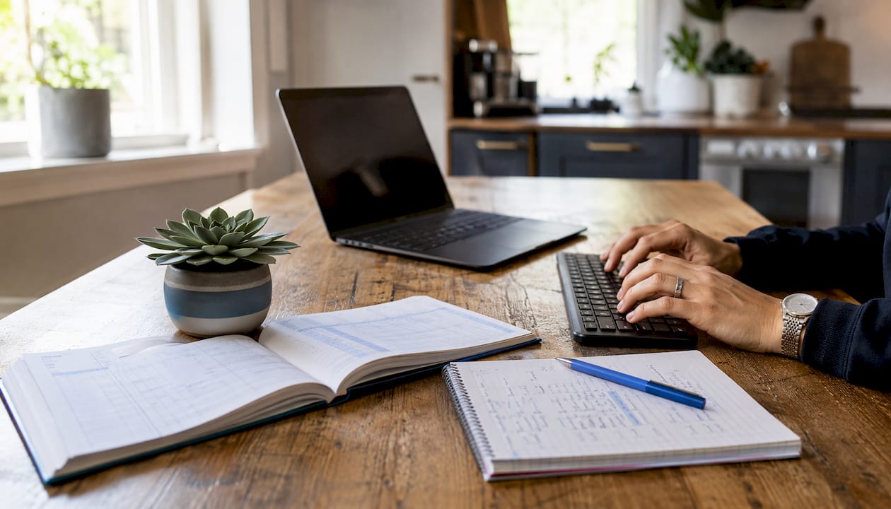 Overhead view of remote bookkeeper's desk setup