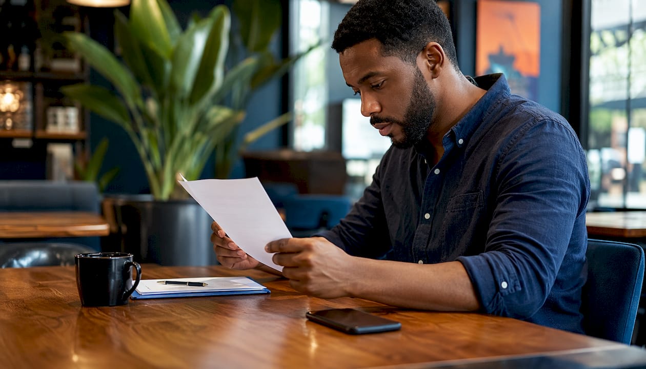 Man analyzing startup credit report in private office