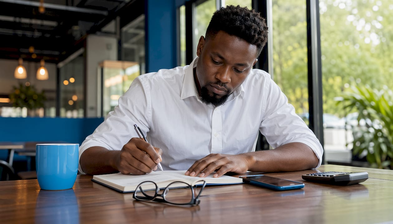 Man recording financial data to rebuild credit