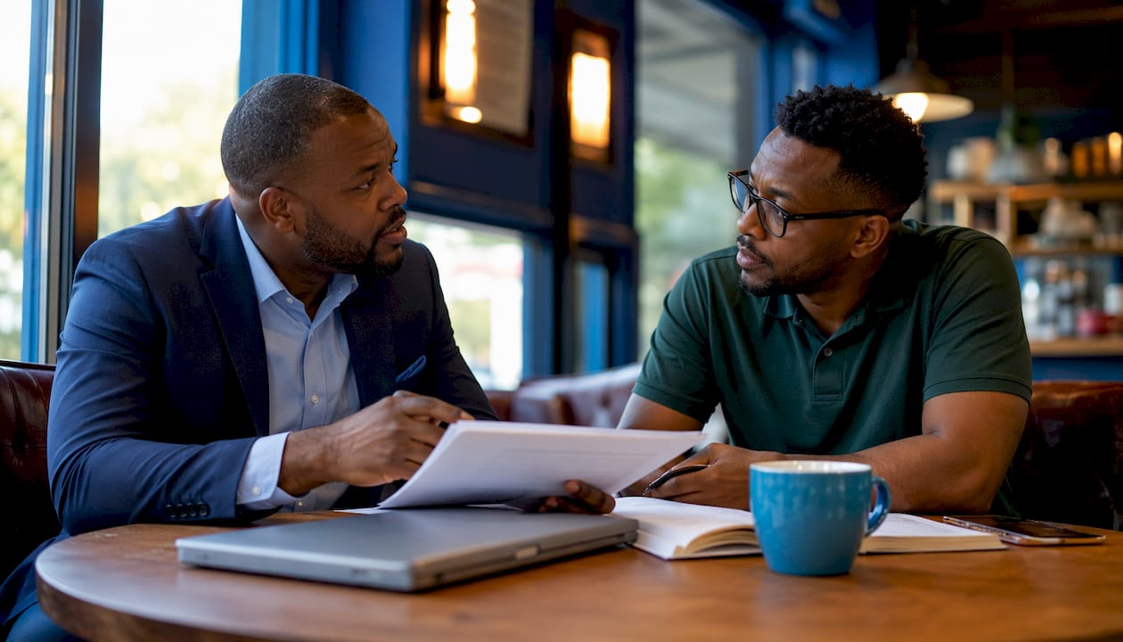 Small business owners discussing loan options