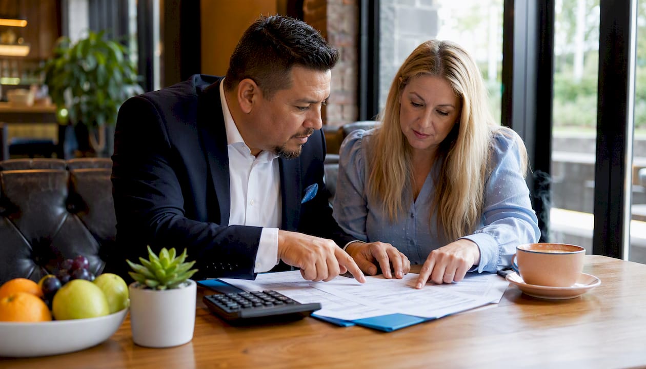 Partners discussing loan application documents in café