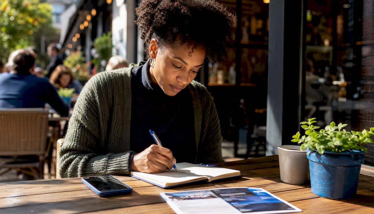 Business owner researching startup funding in coffee shop
