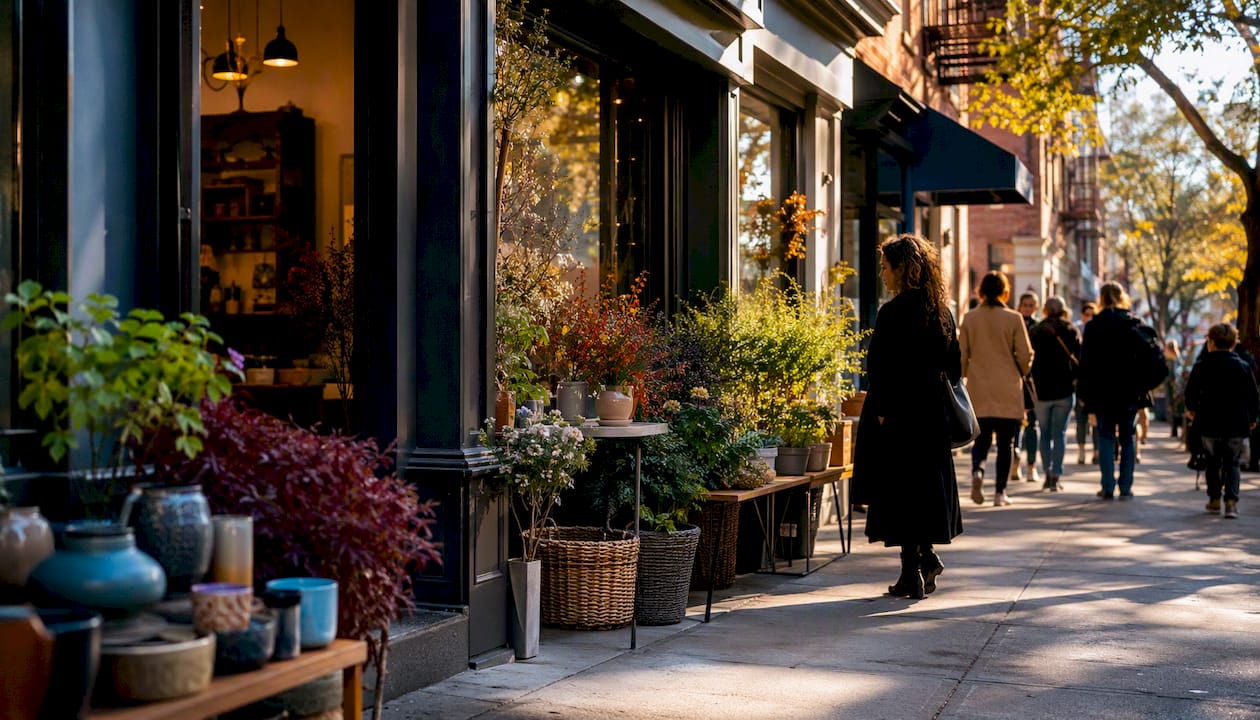 NYC small retail shopfront with seasonal plants