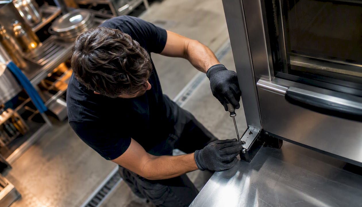 Technician installing commercial kitchen oven