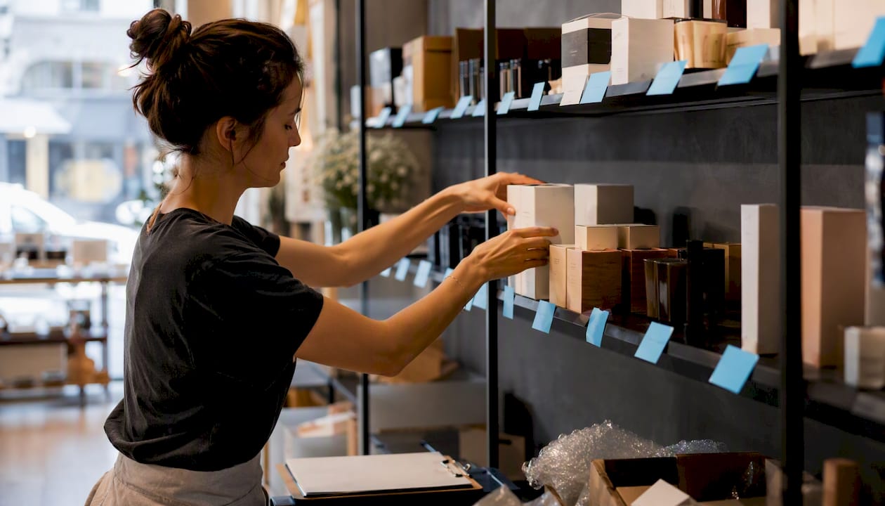 Hands stocking retail inventory shelves