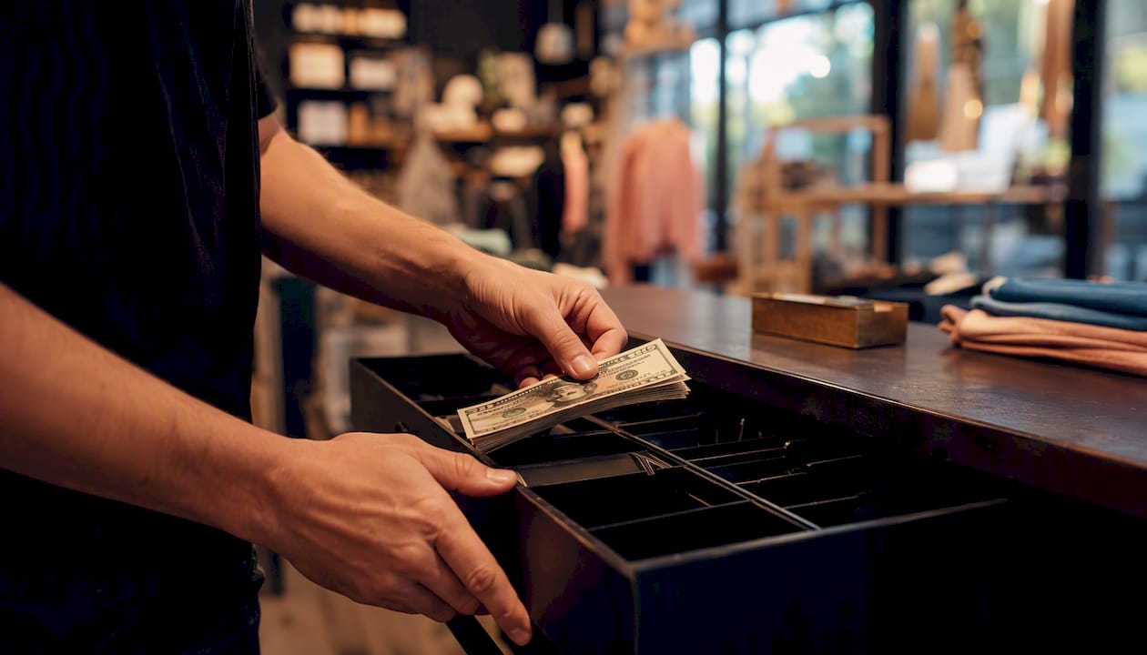 Hands counting cash at retail register