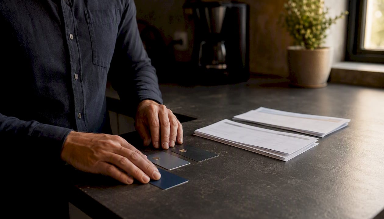 Hands organizing separate business bank cards