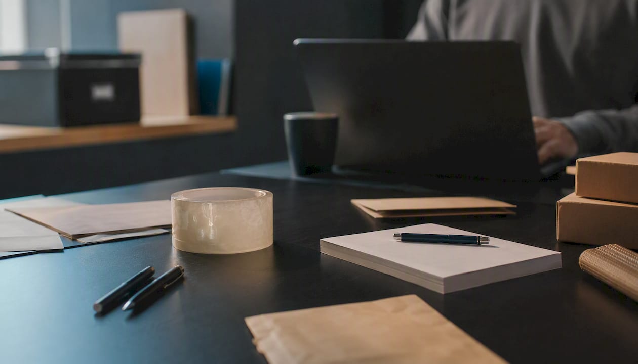 Office supplies, shipping boxes, and advertising items