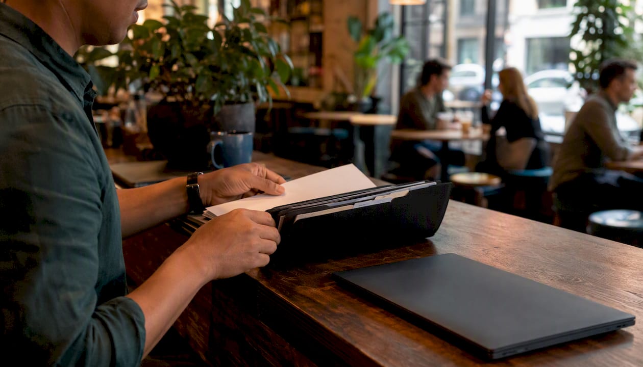 Business owner organizing documents in folder