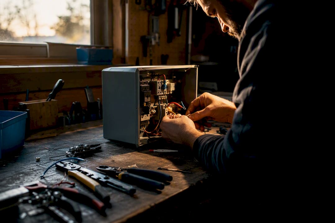 Hands wiring electrical equipment in workshop