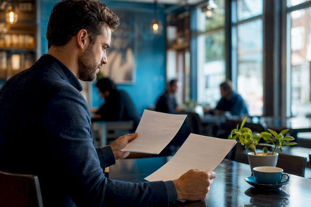 Hands comparing loan offer papers on table