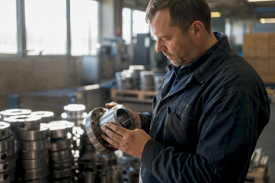 Business owner inspecting manufactured parts in warehouse