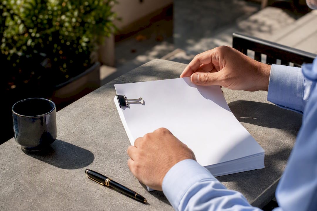 Hands clipping cover letter to bank statements
