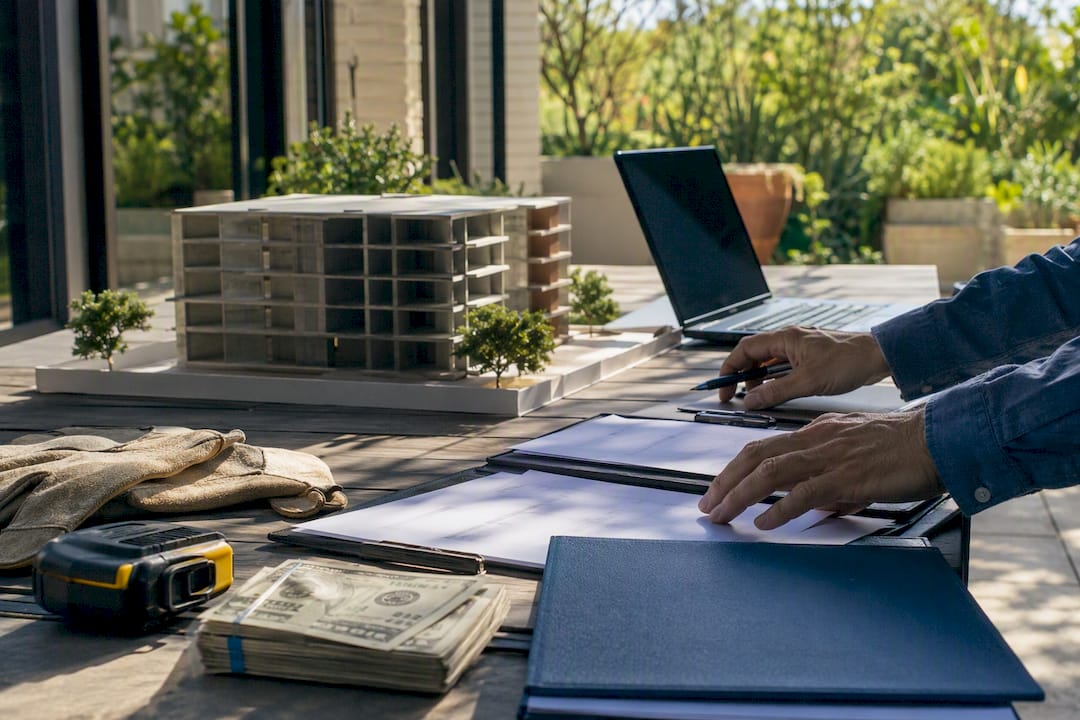 Hands arranging construction cash flow materials