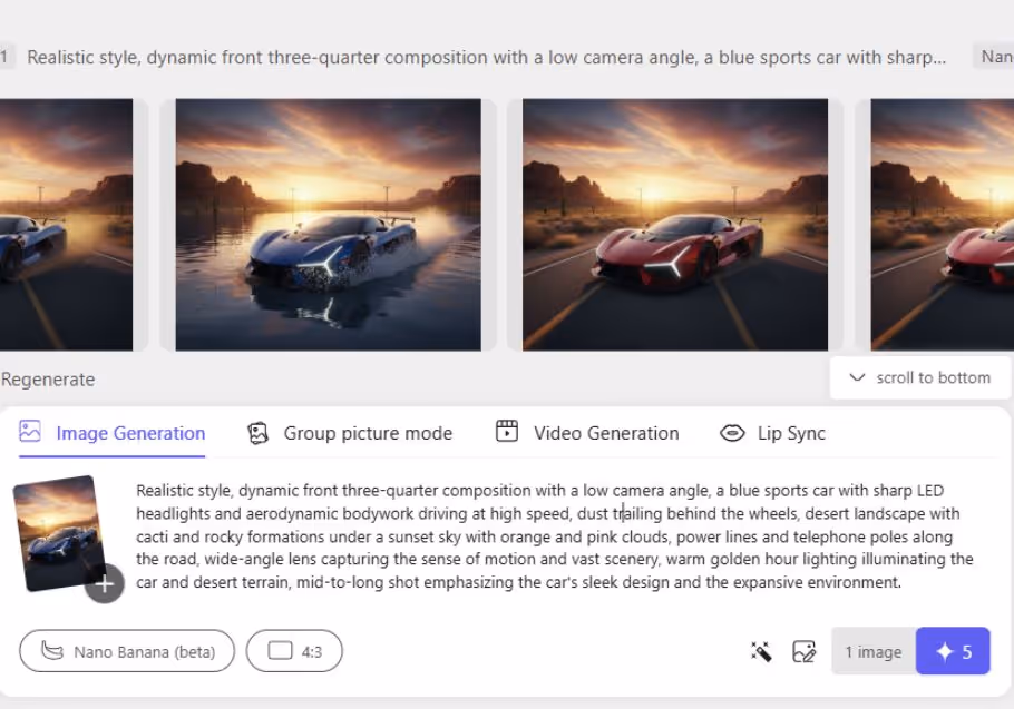 Screenshot of an AI image generation tool showing thumbnails of sports car images at sunset and a prompt describing a blue sports car in desert scenery.