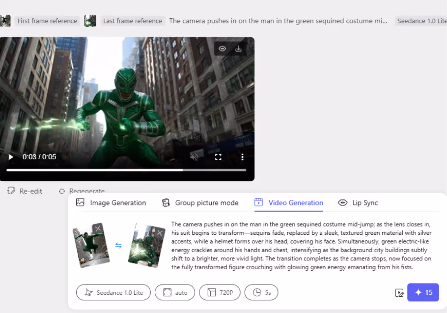 Man in a green sequined superhero costume emitting green electric-like energy from his fists in a city street.